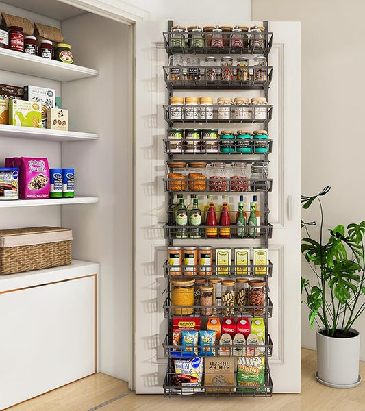 Mefirt 10-Tier Over The Door Pantry Organizer, Pantry Organization and Storage, Black Metal Hanging Adjustable Basket, Wall Spice Rack Seasoning Shelves, Home & Kitchen Essentials by Mefirt