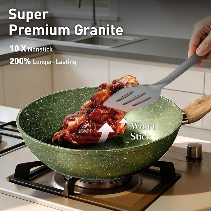 17 Piece Pots and Pans Set Non Stick, Nonstick Induction Granite Kitchen Cookware Sets, Induction Cookware Frying Pans, Nonstick Granite Cooking Set, Pan Sets for Cooking, Green - Image 2