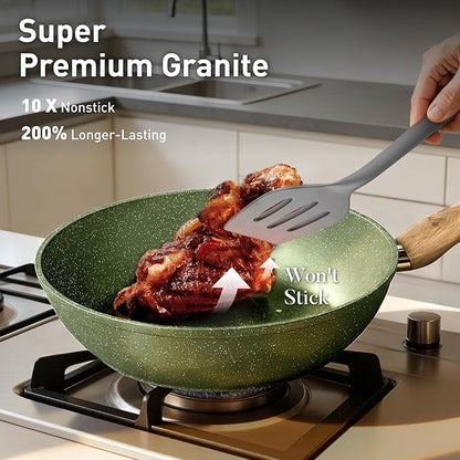 17 Piece Pots and Pans Set Non Stick, Nonstick Induction Granite Kitchen Cookware Sets, Induction Cookware Frying Pans, Nonstick Granite Cooking Set, Pan Sets for Cooking, Green - Image 2