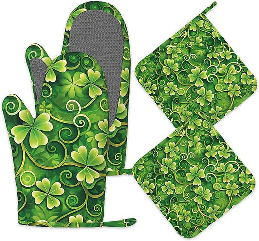 Oven Mitts and Pot Holders St. Patrick Day Silicone Kitchen Accessories Set of 4 Heat Resistant Gloves Green Clover Potholder Non-Slip Grip for Chef Cooking Baking Grilling BBQ