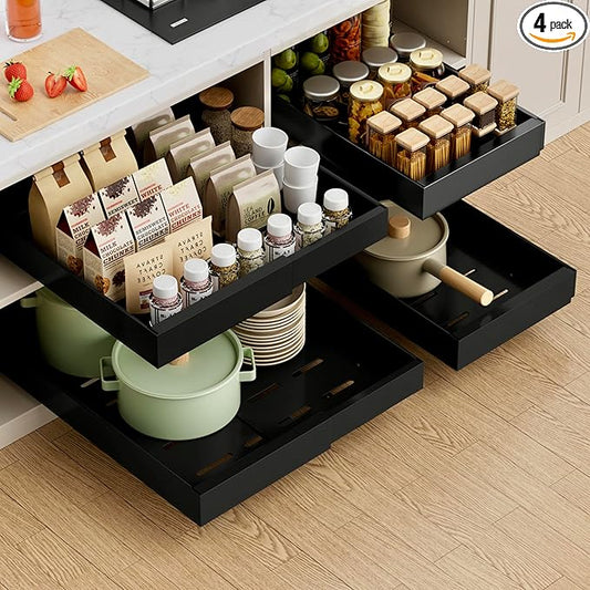 PAKETA 4 Pack Expandable Pull Out Cabinet Organizer, 21'' Deep Pull Out Drawers for Cabinet, Upgrade 3 Slide Rails Sliding Drawers for Cabinets with Adhesive Nano Film (Black, 21"D X 9-14"W) by Unknown
