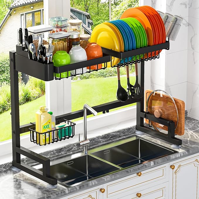 ADBIU 【Fit Sink 24.5"- 32" L 2023 Version Over Sink Dish Drying Rack (Expandable Dimension) Snap-On Design 2 Tier Large Kitchen Dish Rack Stainless Steel Counter Organization and Storage by ADBIU