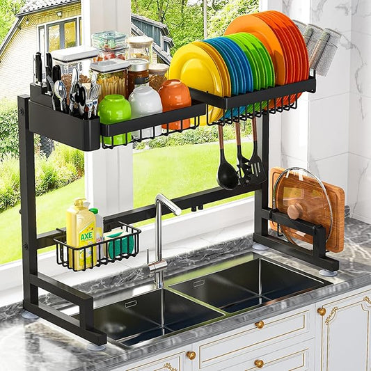 ADBIU 【Fit Sink 24.5"- 32" L 2023 Version Over Sink Dish Drying Rack (Expandable Dimension) Snap-On Design 2 Tier Large Kitchen Dish Rack Stainless Steel Counter Organization and Storage by ADBIU
