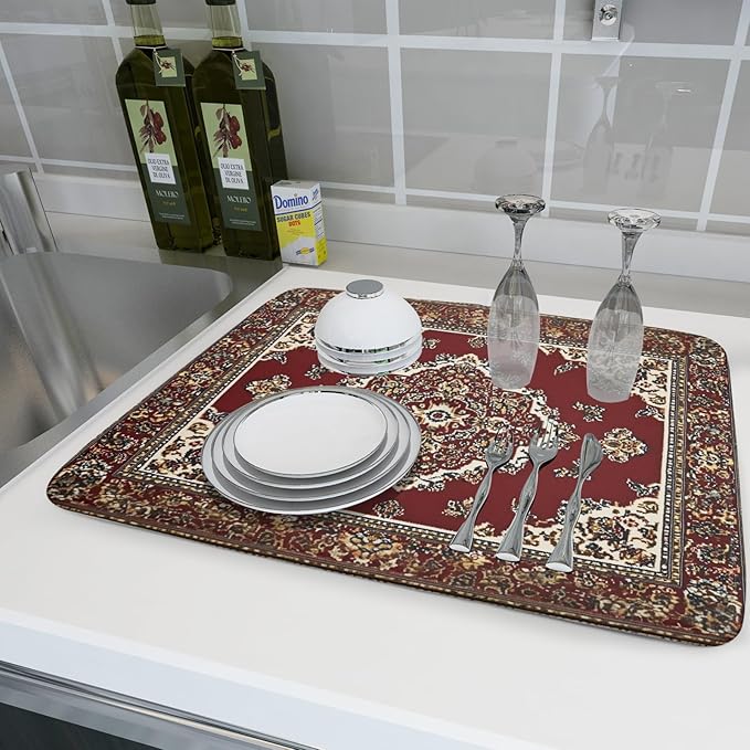 Giwawa Vintage Boho Dish Drying Mat Antique Tribal Rustic Red Floral Dish Drainer Mats 18"x24" Ethnic Carpet Microfiber Reversible Dish Drying Rack Pad Protector for Kitchen Countertop Decor