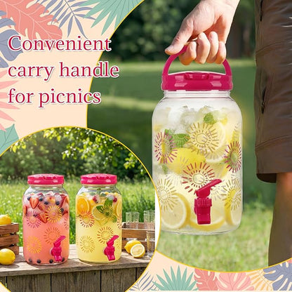Havawish 2 Pcs 1 Gallon Plastic Beverage Dispenser with Spigot Clear Summer Kitchen Fridge Drink Dispenser for Parties Lemonade Juice Tea Beer Cold Water (Hot Pink,Sun)