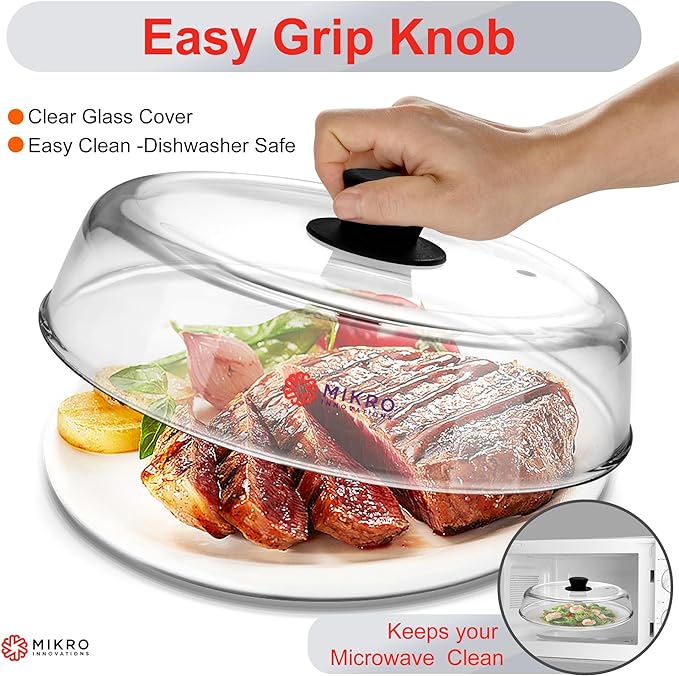 Mikro Innovations 10.5-Inch Glass Microwave Splatter Cover – Borosilicate Glass Food Plate Splatter Guard with Vent Hole, BPA-Free, Easy-Grip Silicone Knob, Dishwasher Safe (1, Black, 10.5in) - Image 6