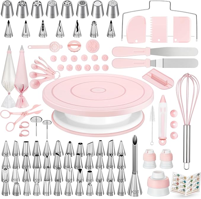 Kootek 158PCs Cake Decorating Kit, Baking Supplies Tools - Includes Cake Stand Turntable, 64 Icing Piping Tips Set, 2 Frosting Spatulas, 3 Scrapers, 50+2 Pastry Bags, Coupler, Video Tutorial, Booklet by Kootek