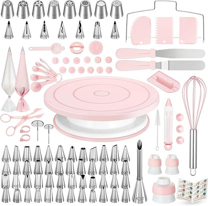 Kootek 158PCs Cake Decorating Kit, Baking Supplies Tools - Includes Cake Stand Turntable, 64 Icing Piping Tips Set, 2 Frosting Spatulas, 3 Scrapers, 50+2 Pastry Bags, Coupler, Video Tutorial, Booklet by Kootek