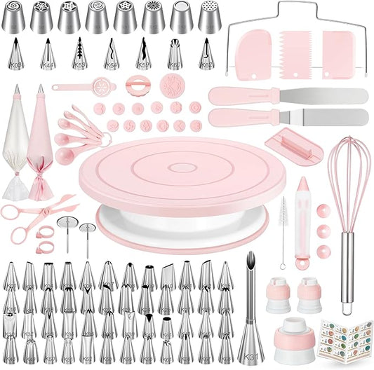 Kootek 158PCs Cake Decorating Kit, Baking Supplies Tools - Includes Cake Stand Turntable, 64 Icing Piping Tips Set, 2 Frosting Spatulas, 3 Scrapers, 50+2 Pastry Bags, Coupler, Video Tutorial, Booklet by Kootek