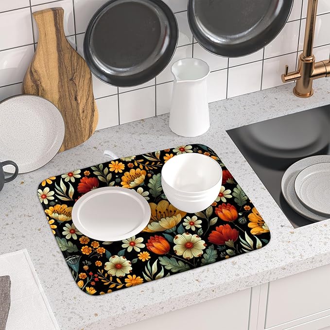 Vintage Boho Floral Dish Drying Mat for Kitchen Counter,Yellow Beige Black Spring Flower Drying Mat 16 x18 Inch with Absorbent Reversible Microfiber Drying Pad for Coffee Bar - Image 6