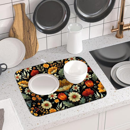 Vintage Boho Floral Dish Drying Mat for Kitchen Counter,Yellow Beige Black Spring Flower Drying Mat 16 x18 Inch with Absorbent Reversible Microfiber Drying Pad for Coffee Bar - Image 6