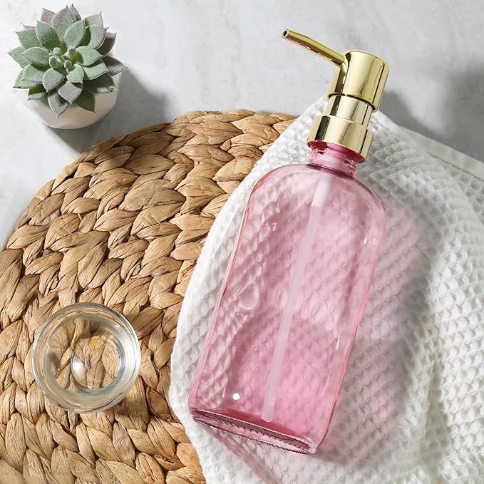 GMISUN Pink Soap Dispenser Bathroom, 1 Pack Glass Dish Soap Dispensers for Kitchen with Rustproof Plastic Gold Pump, 17 Fl Oz Bathroom Hand Soap Dispenser, Modern Liquid Dishwashing Dispensers Bottle - Image 8