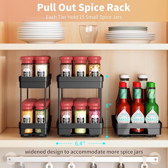 Pull Out Spice Rack Organizer for Cabinet, 2 Pack Widen Slide Out Spice Racks Organizer, Spice Cabinet Organizers, Cabinet Size Need:12'' Highx11'' Deepx6.75'' Wide,Hold 15 Spice Jar Each Tier-2Tier - Image 8