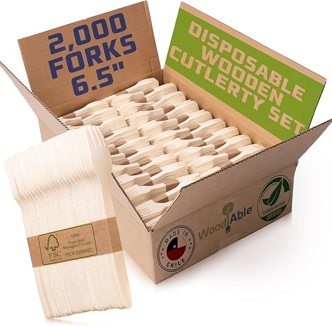 Disposable Wooden Cutlery Set - 100% Home Compostable - 2000 Forks, 6.5" Wooden Forks, Eco-Friendly, Organic, Sustainable and Carbon Neutral Certified by WoodAble