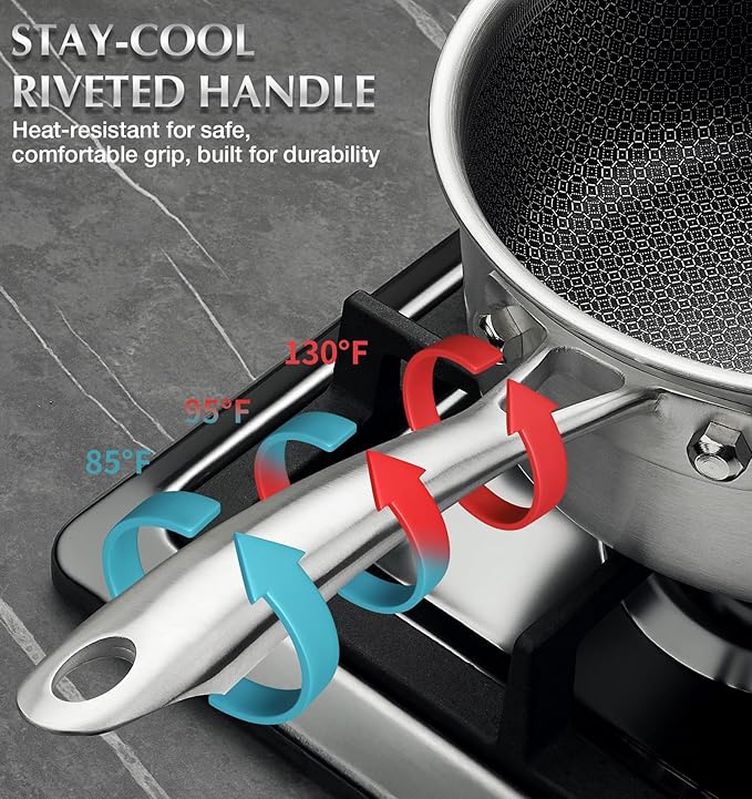 KOCH SYSTEME CS Hybrid Nonstick Stainless Steel Saucepan Set, 1QT & 2QT Triply Stainless Steel Saucepan Set with Hybrid Nonstick Honeycomb Interior, 4-Piece Sauce Pans, Induction Steel Pot Set - Image 5