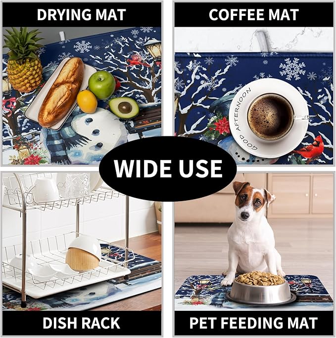 Winter Snowman Dish Drying Mat for Kitchen Counter 16x18, Xmas Snowflakes Dish Drainer Mat Snowy Night Drying Kitchen Mats Cardinal Birld Dish Pad Absorbent Reversible Coffee Mats for Dishes - Image 7