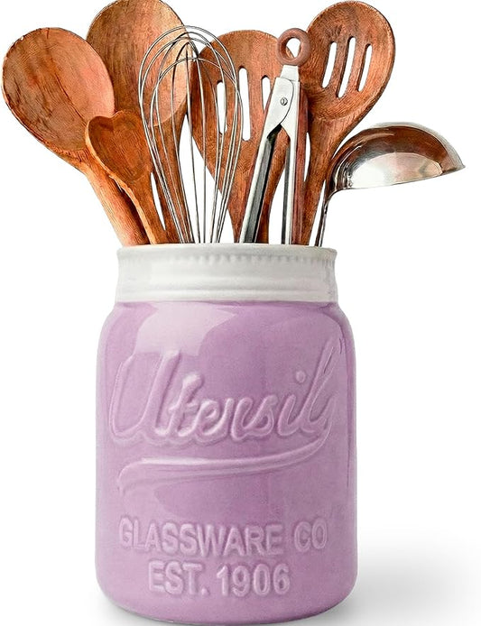 Comfify Wide Mouth Mason Jar Utensil Holder Decorative Kitchenware Organizer Crock, Dishwasher Safe - Kitchen Caddy Purple, Large Size 7" Hight by Comfify
