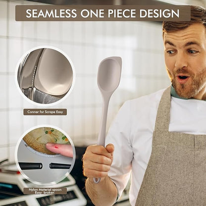 HOTEC Heat Resistant Silicone Cooking Spoon Spatula, Large Kitchen Solid and Slotted Spoons for Mixing, Serving, Scraping, Non-stick, Dishwasher Safe Khaki 12.5inch - Image 4