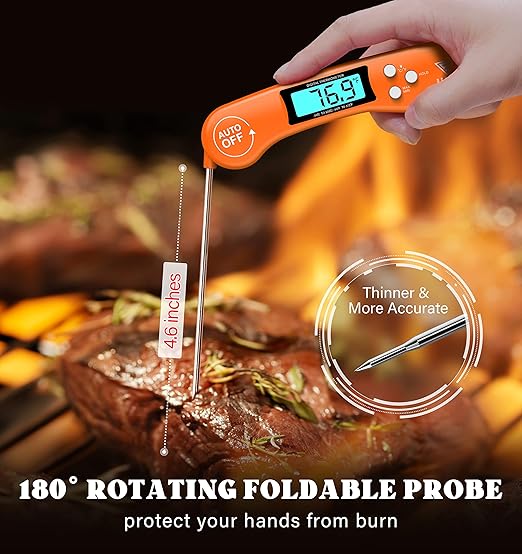 DOQAUS Digital Meat Thermometer, Instant Read Food Thermometer for Cooking with Backlit & Auto-Rotating Display, 4.6” Probe for Grilling, Baking, and Perfect BBQ - Orange - Image 3