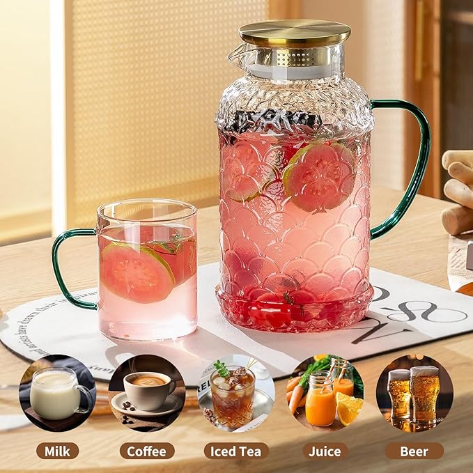 Buaic 2 PACK Glass Pitcher with Lid,68 oz/2 Liter Fish Scale Design Water Pitcher,Clear Borosilicate Glass Water Carafe for Cold Brew, Coffee, Lemonade, Iced Tea,Heat Resistant Water Glass Jug - Image 4