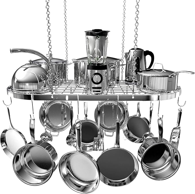 Vdomus Hanging Pot Rack - Ceiling Mount Kitchen Organizer for Pots and Pans with 15 Hooks - 33 x 17 Inches Heavy-Duty, Durable and Space-Saving Pan Holder - Silver by Vdomus