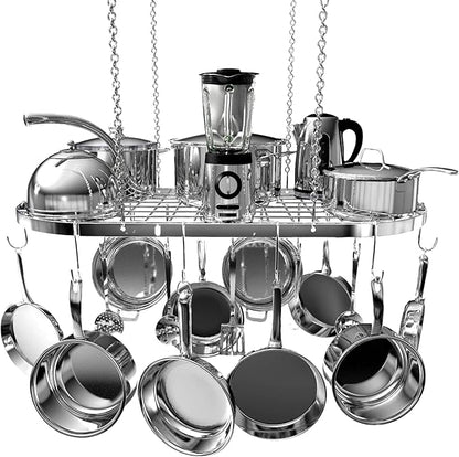 Vdomus Hanging Pot Rack - Ceiling Mount Kitchen Organizer for Pots and Pans with 15 Hooks - 33 x 17 Inches Heavy-Duty, Durable and Space-Saving Pan Holder - Silver by Vdomus