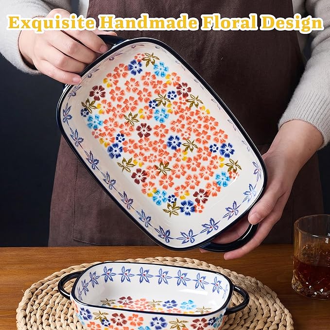 Ceramic Casserole Dishes for Oven, Hand-painted Polish Pottery Baking Dish Set of 2, 0.8QT / 2QT Porcelain Casserole Dish with Handles, Baking Pan Lasagna Pan, Gift for Family/Friend (Yellow) - Image 2