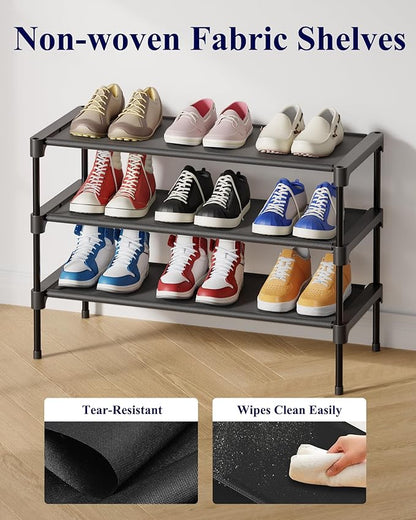 Kitsure Shoe Rack - Non-Woven Shoe Rack Shelf, Shoe Organizer for Closet, Entryway, Garage & Corridor, Stackable Shoe Shelves, 27.5" Wide - 3 Tier, Black - Image 6
