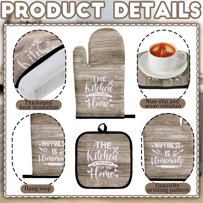 Fourluoo 10 Pcs Farmhouse Kitchen Decor and Accessories Set 4 Kitchen Towels 2 Pot Holders 2 Oven Mitts 2 Rugs for Cooking Baking Mom Housewarming Gifts(Brown,Classic Style) - Image 6