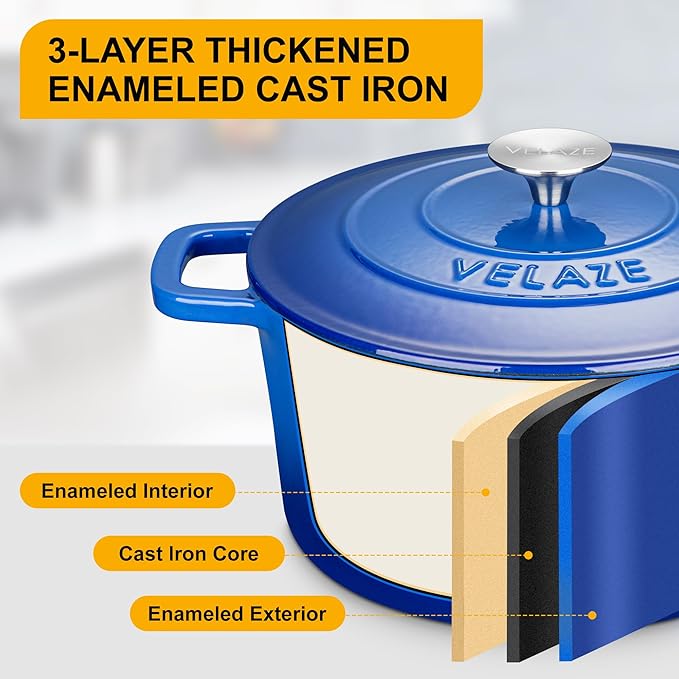 Velaze 6 QT Enameled Dutch Oven Pot with Lid, Cast Iron Dutch Oven with Dual Handles for Sourdough Bread Baking, Cooking, Non-stick Enamel Coated Cookware (Blue) - Image 4