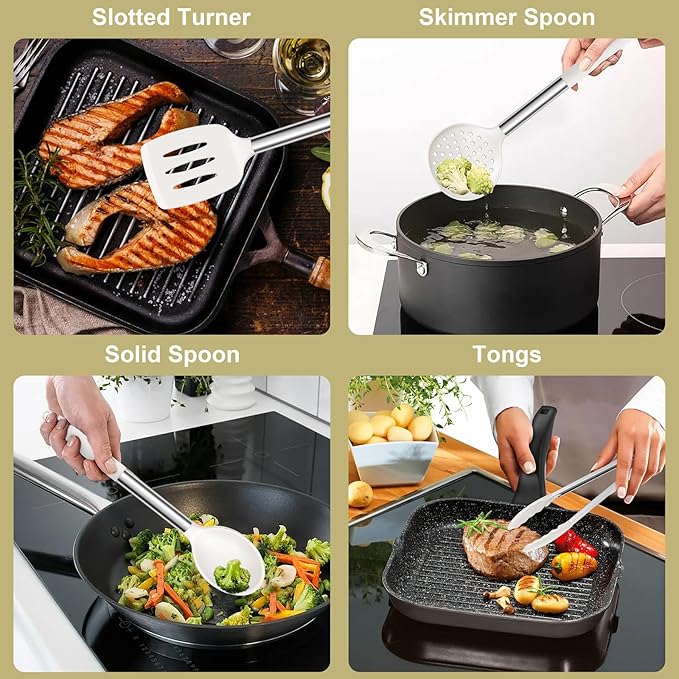 E-far Silicone Cooking Utensils Set, 7 Pcs Heat Resistant Kitchen Utensils with Stainless Steel Handle, Slotted Turner, Spoon, Soup Ladle, Pasta Server, Skimmer, Tongs for Nonstick Cookware, White - Image 4