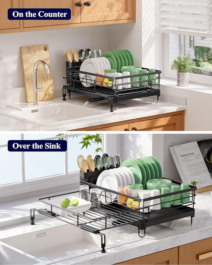 Kitsure Extendable Dish Drying Rack - Rust-Resistant Dish Racks for Kitchen Counter with Adjustable Support Legs, Cutlery Holder & Removable Draining Tray (Black, 15.6''-25.2''L × 16.9''W × 8.1''H) - Image 7