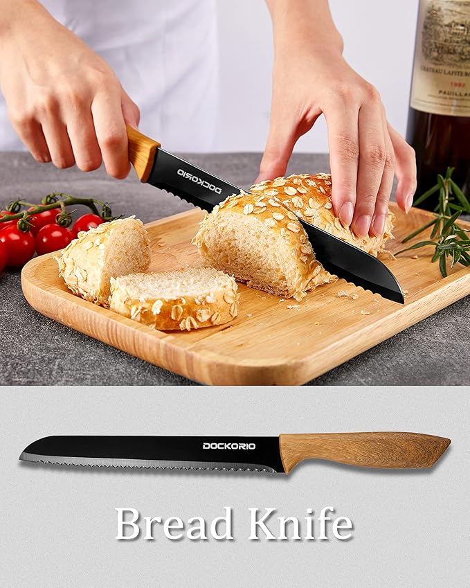 Kitchen Knife Set with Block, all in one 19 PCS High Carbon Stainless Steel Sharp Serrated Steak Knives Set, Chef Knives, Bread Knife, Scissor, Sharpener - Image 4