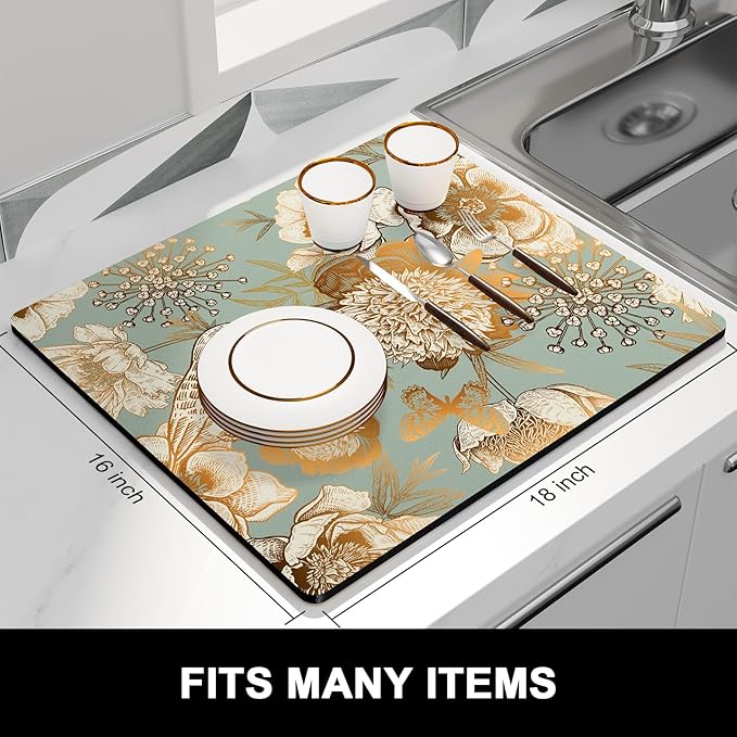 Rnivvi Dish Drying Mat for Kitchen Counter, 16 x 18" Cute Flower Theme Absorbent Heat Resistant Drying Pad with Non-slip Rubber, Coffee Bar Mats for Dish Rack Kitchen Decor Accessories, Green - Image 3