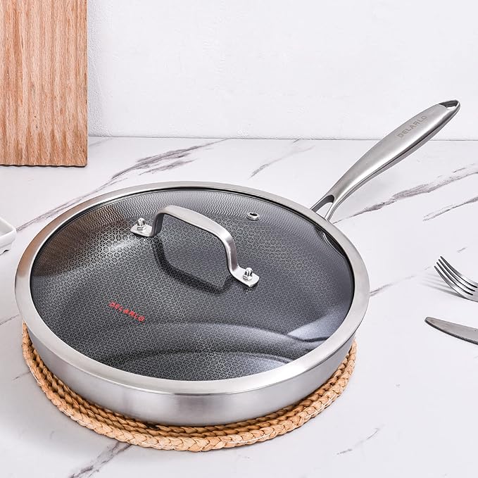 DELARLO Tri-Ply Stainless Steel Pan, 18/10 Frying Pan, Oven Safe Up to 600°F, Nontoxic Cookware, Compatible with All Cooktops Skillet, Durable, Fast Even Heat Fry Pan,12" Hybird Pan - Image 5