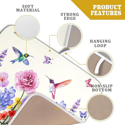 Giwawa Hummingbird Flower Dish Drying Mat 16x18 inch Watercolor Spring Herb Floral Dish Drainer Mats Wildflower Plant Reversible Microfiber Dish Drying Pad for Kitchen Countertop Small Decor