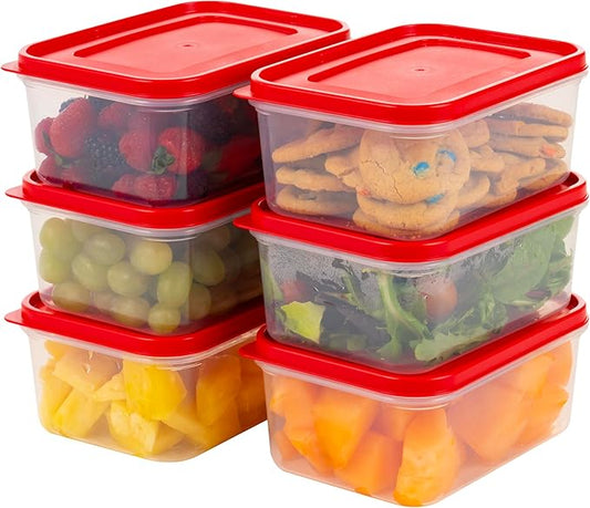 IRIS USA 12 PC Plastic Food Storage Containers With Lids | 6 Meal Prep Containers & 6 Lids| Leftovers Potluck Office Lunch Salad Snack Fruit, Microwave Dishwasher Freezer Safe, BPA Free, Clear/Red