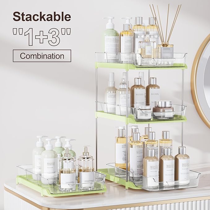 Delamu 2-Tier Multi-Purpose Bathroom Under Sink Organizers and Storage, Stackable Kitchen Pantry Organization, Pull Out Medicine Cabinet Organizer with Movable Dividers, Green, 2 Pack - Image 3