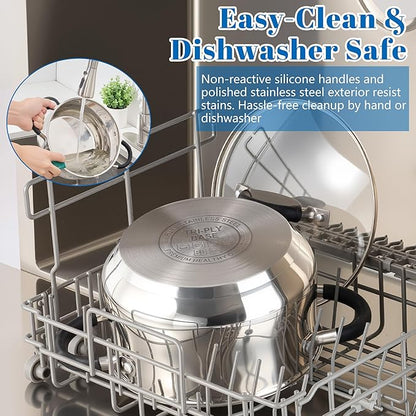 E-far 5Qt Stainless Steel Pot, Stock Pot with Glass Lid for Cooking Pasta Soup Sauce, Tri-Ply Induction Thick Base & Cool-Touch Handles, All Stoves & Dishwasher Safe - Image 5