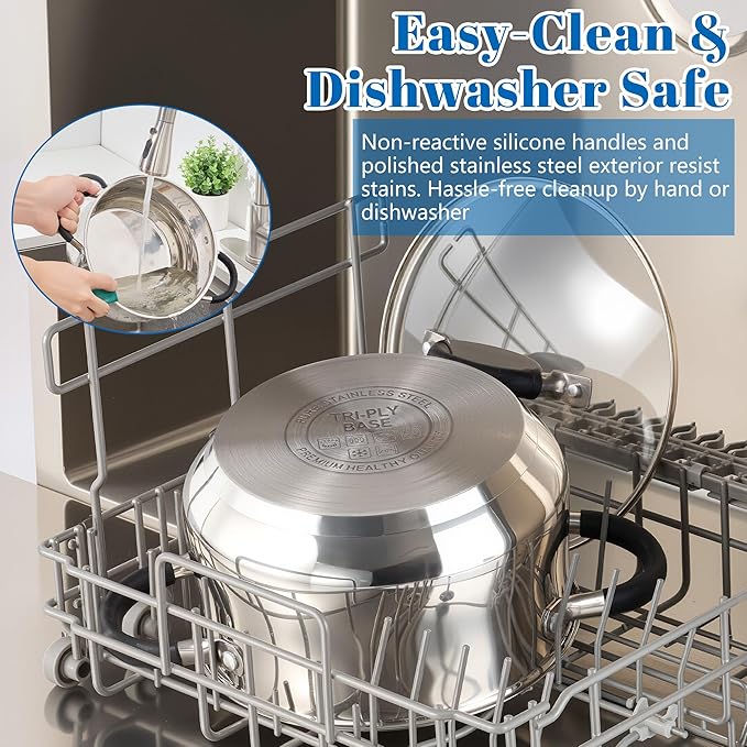 E-far Stainless Steel Stock Pot, 8 Quart Large Cooking Pot with Glass Lid for Boiling Pasta Soup Sauce, Tri-Ply Induction Thick Base for All Stoves, Cool-Touch Handles & Dishwasher Safe - Image 5