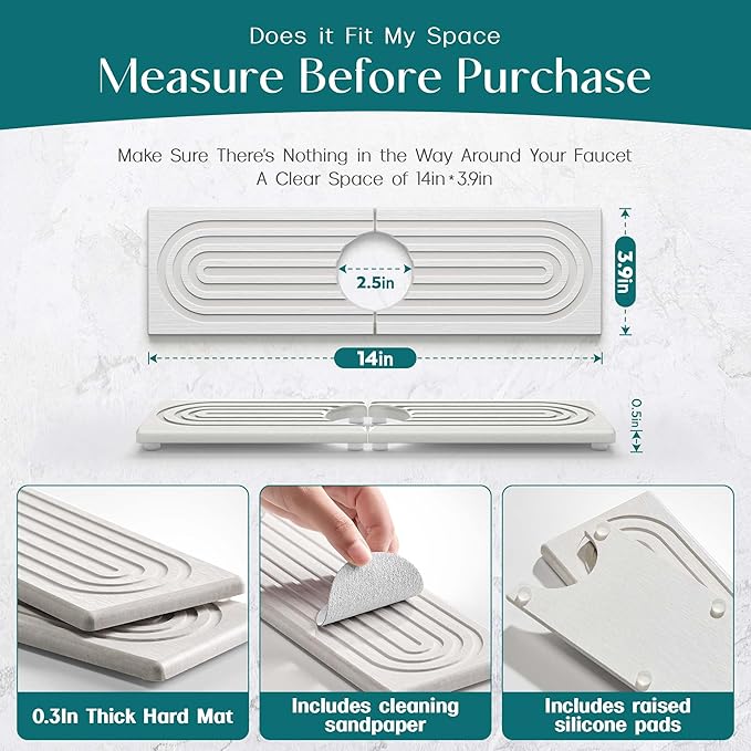 eormoe Diatomite Kitchen Faucet Mat - 14Inch Water Absorbing Stone Tray for Sink, Stone Fast-Drying Faucet Mat for Kitchen Counter Sink Accessories (Light Grey, 14'' x 3.9'') - Image 2