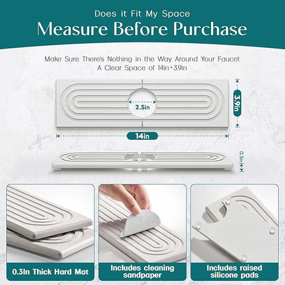eormoe Diatomite Kitchen Faucet Mat - 14Inch Water Absorbing Stone Tray for Sink, Stone Fast-Drying Faucet Mat for Kitchen Counter Sink Accessories (Light Grey, 14'' x 3.9'') - Image 2
