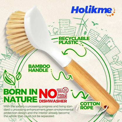 Holikme 3 Pack Dish Brush Set with Bamboo Handle, Kitchen Brushes for Cleaning Pot, Sink and Stove, Skillet Scrubber with Tough Bristles for Cast Iron Grill Pan, Yellow White Black - Image 5