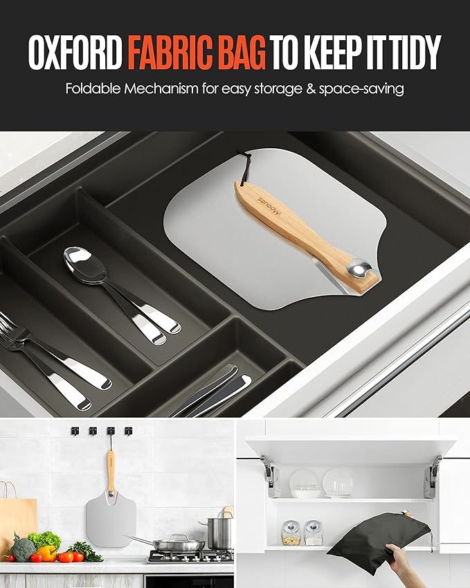 Pizza Peel Aluminum Pizza Spatula,9 inch Metal Pizza Paddle(13"x 9") with Rocker Cutter Foldable Wood Handle, [Storage bag included], for Family Pizza Oven Baking Pizza, Dough, Bread & Pastry - Image 6