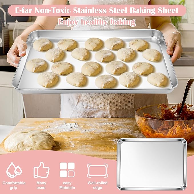 E-far Cookie Sheets for Baking, 18”x13” Stainless Steel Baking Sheet Pans for Oven, Large Non Toxic Metal Baking Tray for Baking Roasting, Healthy & Rust Free, Mirror Finish & Dishwasher Safe, 2 Pack - Image 5
