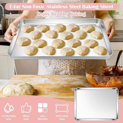 E-far Cookie Sheets for Baking, 18”x13” Stainless Steel Baking Sheet Pans for Oven, Large Non Toxic Metal Baking Tray for Baking Roasting, Healthy & Rust Free, Mirror Finish & Dishwasher Safe, 2 Pack - Image 5