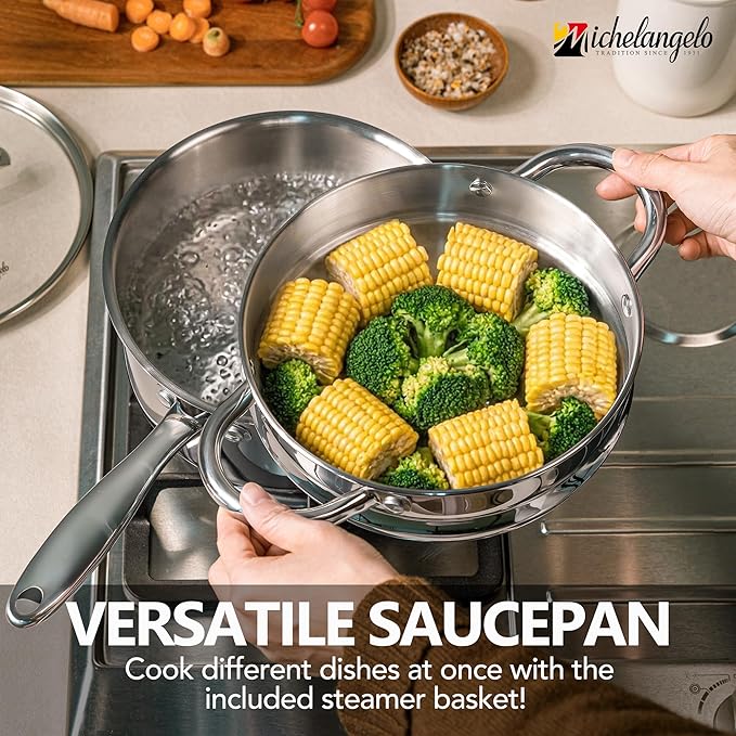 MICHELANGELO Saucepan Set 6pc with Steamer Insert, 18/10 Stainless Steel Sauce Pans with Lids, Tri-Ply Bottom Sauce Pots, Induction Compatible, 1QT & 2QT & 3QT - Image 2