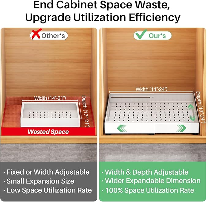 Pull out Cabinet Organizer, Expandable Width(14"-24"), Depth(13"-24") with 3 Rails, Slide Out Drawers With Raising Pad for Framed Cabinets, Fixed with Adhesive Film for Cabinets in Kitchen, White - Image 3