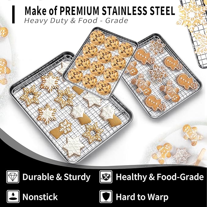CEKEE Baking Sheet with Wire Rack Set of 6 (3 Cookie Sheets for baking + 3 Cooking Racks), Stainless Steel Stainless Steel Baking Pans Set with Cooling Rack - Heavy Duty & Dishwasher Safe - Image 3