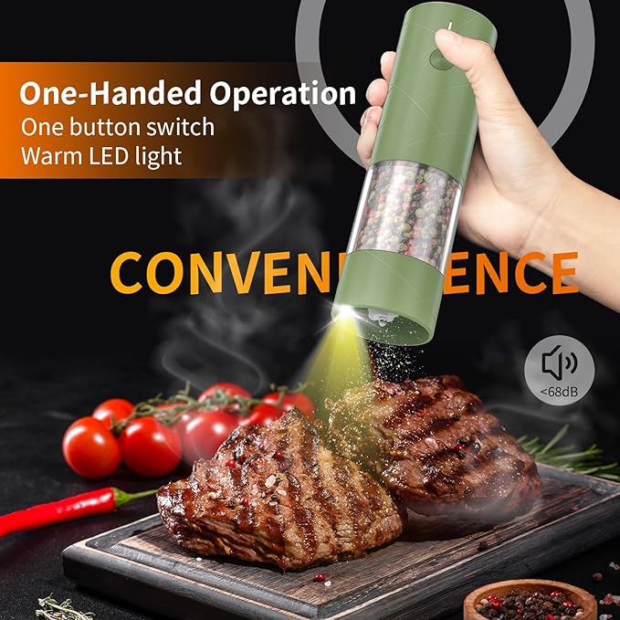 2Pack Electric Salt and Pepper Grinder Set USB Rechargeable with Warm LED Light, Adjustable Coarseness Lidaop Large Capacity Automatic Salt Pepper Mill Grinder for Kitchen, Restaurant, Outdoor, Green - Image 2